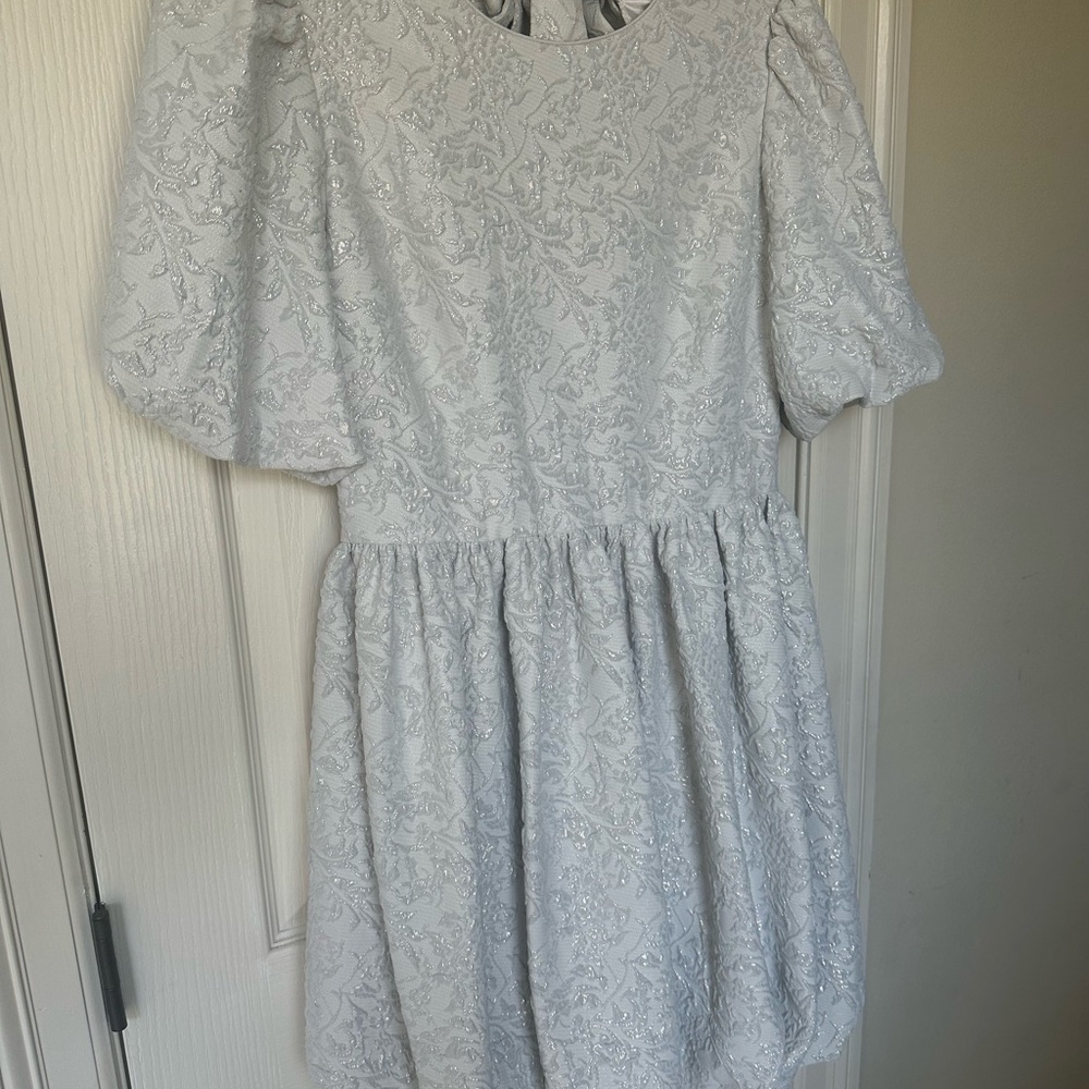 Nicola Bathie for ANTONIO MELANI Elegant Silver Jacquard Puff Sleeve Dress